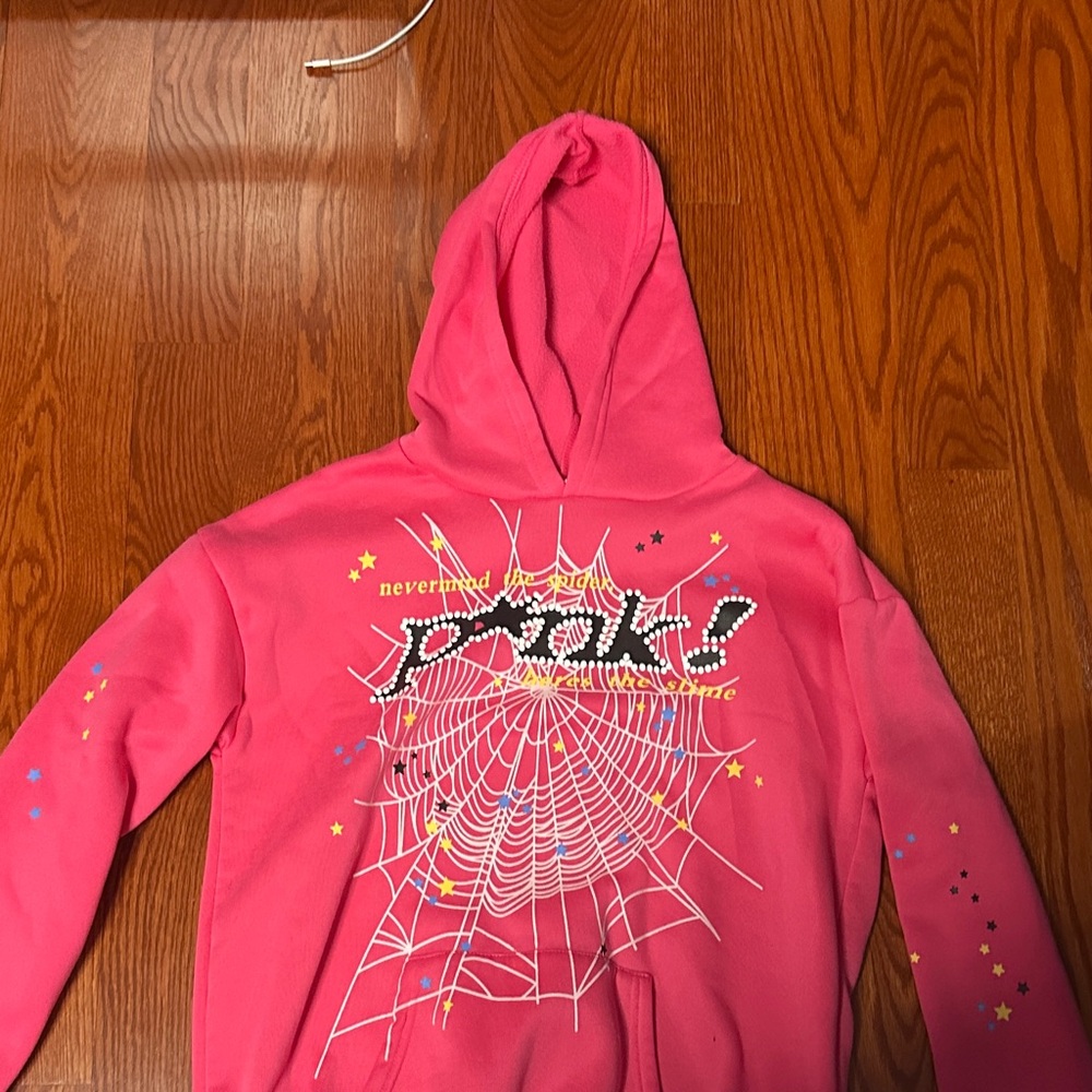 Pink Graphic Hoodie with Spider Web Design